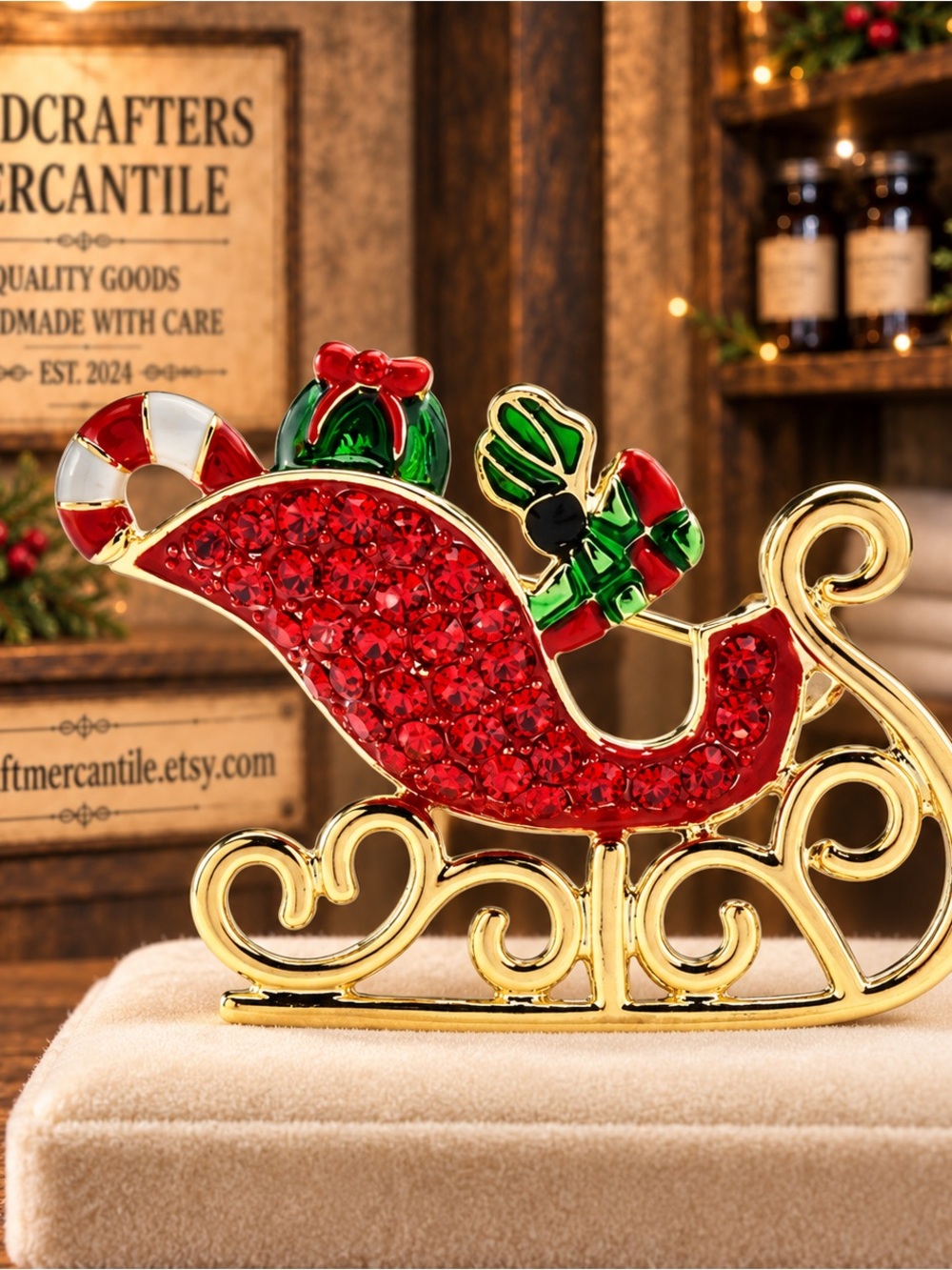 Christmas Sleigh Brooch Red Rhinestone Gold-Tone Holiday Pin